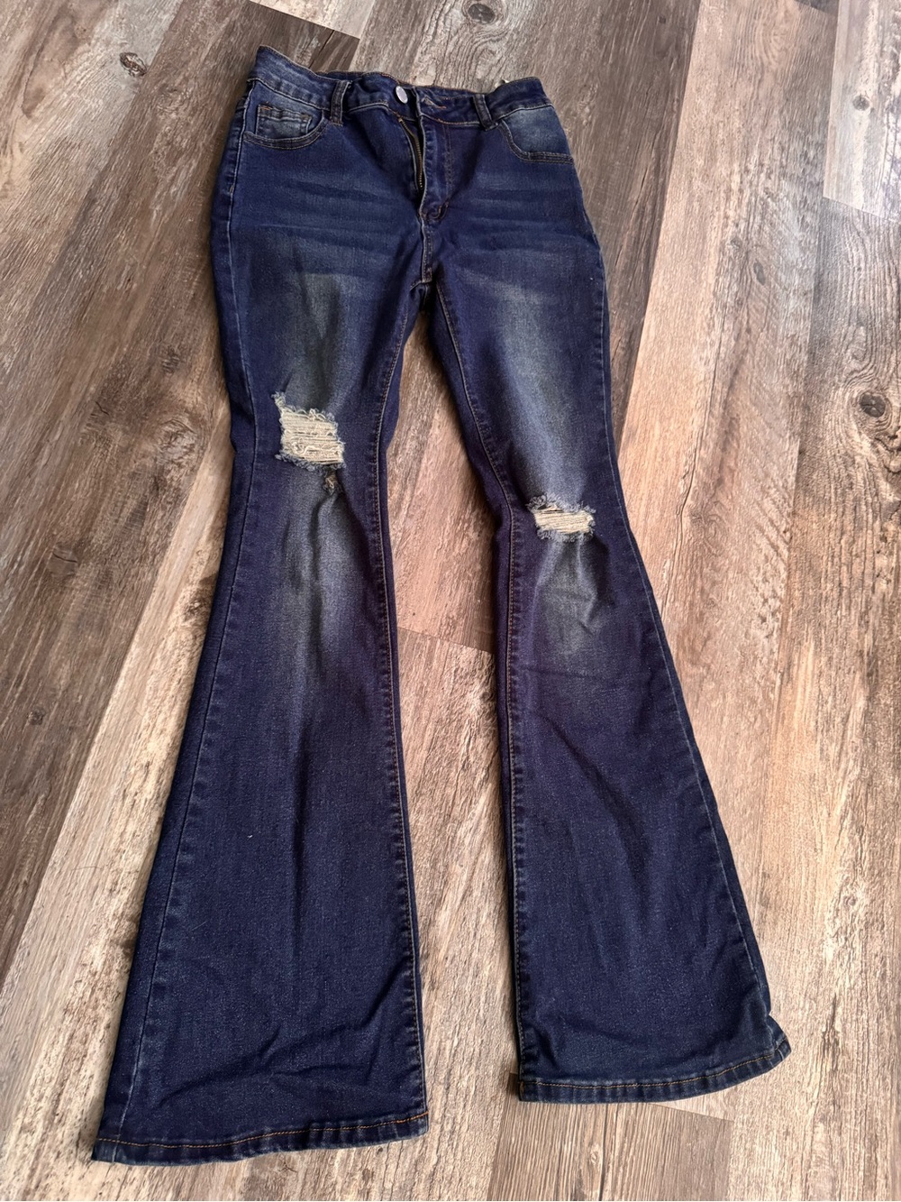 SHEIN Dark Blue Distressed Flare Jeans